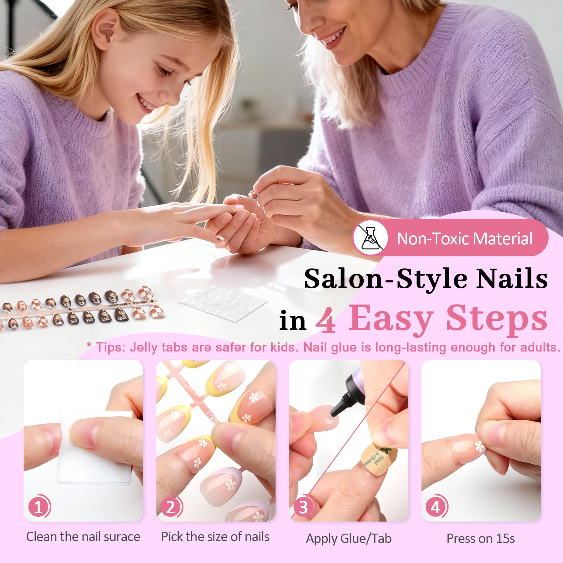 QIEK jelly adhesive tabs for easy, kid-friendly application.