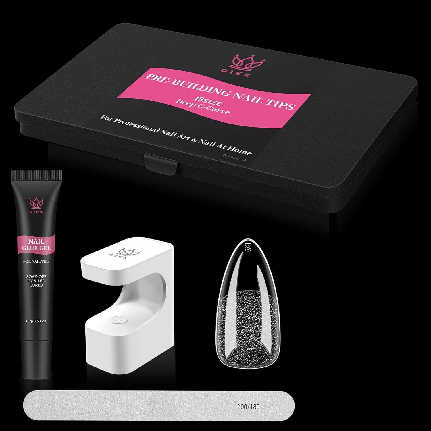 QIEK medium almond nail tips kit contents shown for confident at-home use