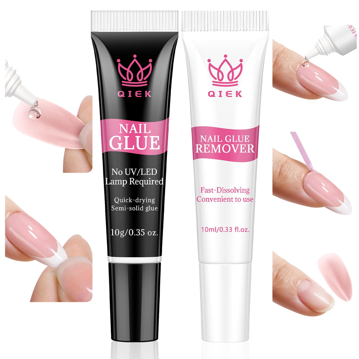 QIEK No-Lamp Nail Glue bottle 10ml showing fast dry hold for at-home nails