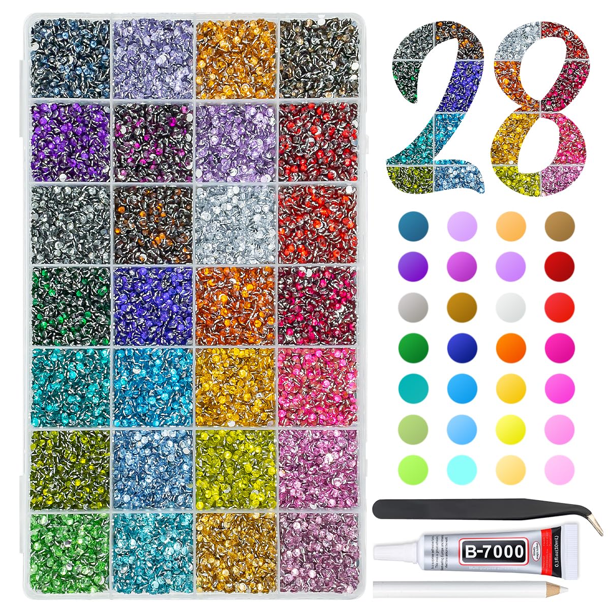 qiipii 28-color rhinestones in rainbow box for versatile nail art and crafts