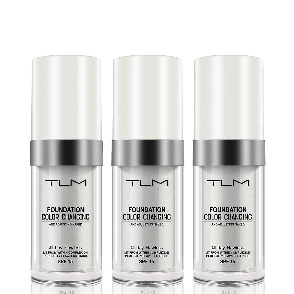 QINGFANGLI TLM foundation bottle front showing color-changing formula for warm skin tones