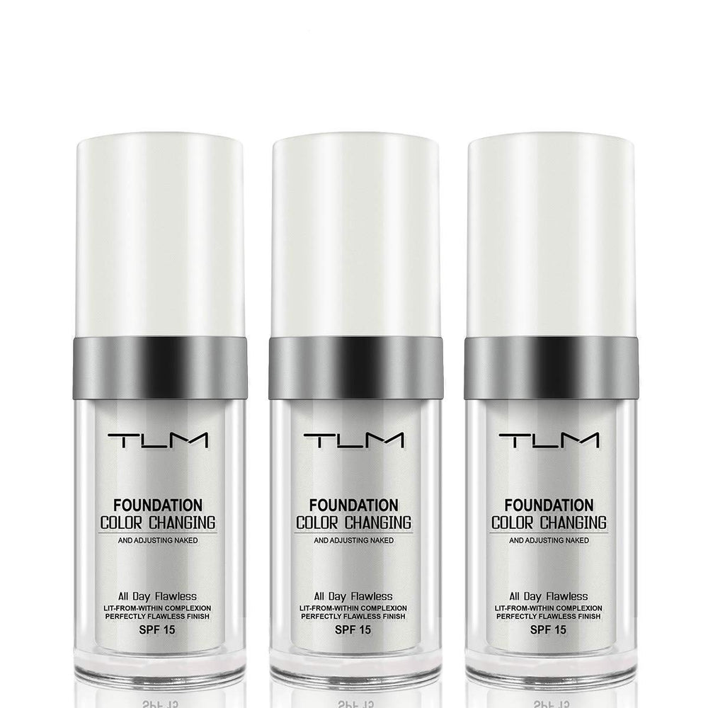 QINGFANGLI TLM foundation bottle front showing color-changing formula for warm skin tones