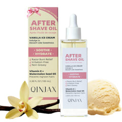 QINJAX After Shave Oil bottle pour illustrating easy post-shave application.