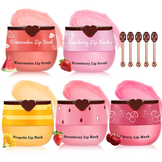 QIUFSSE lip scrub and mask set with strawberry and honey for hydrated lips.