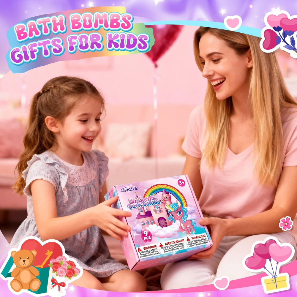 Qivatex unicorn bath bombs with colorful fizz for kids.