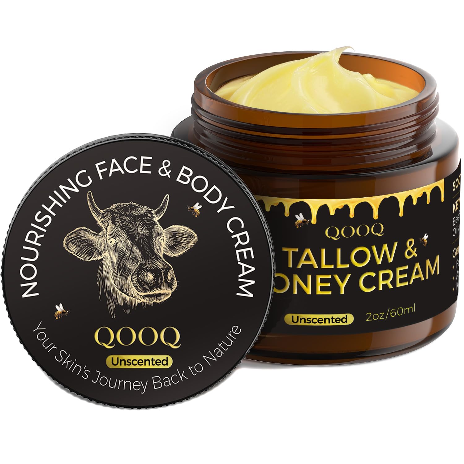 QOOQ grass-fed beef tallow cream jar close-up highlighting rich hydration