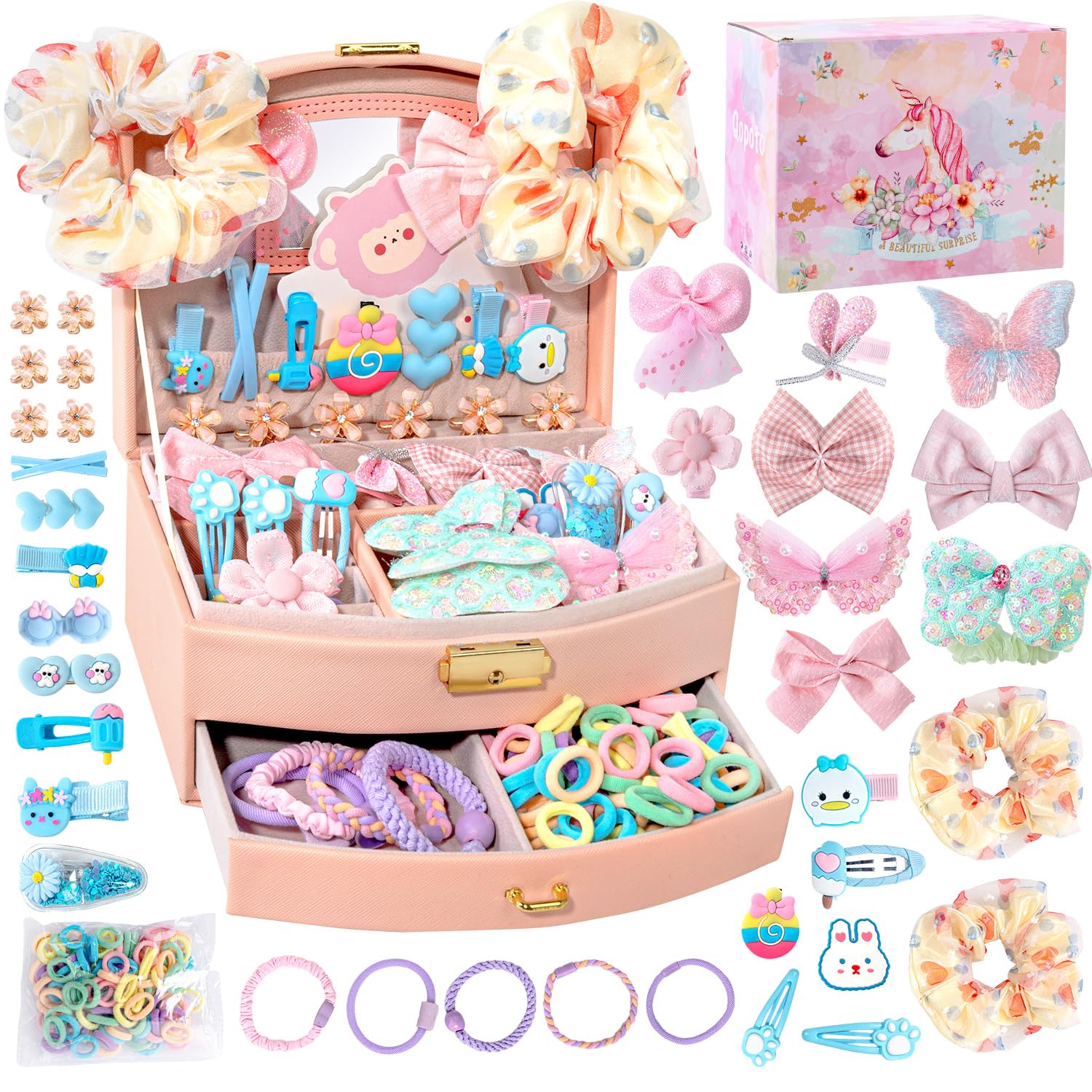 Qopoto hair accessories kit in pink case front organizes little girl's gear