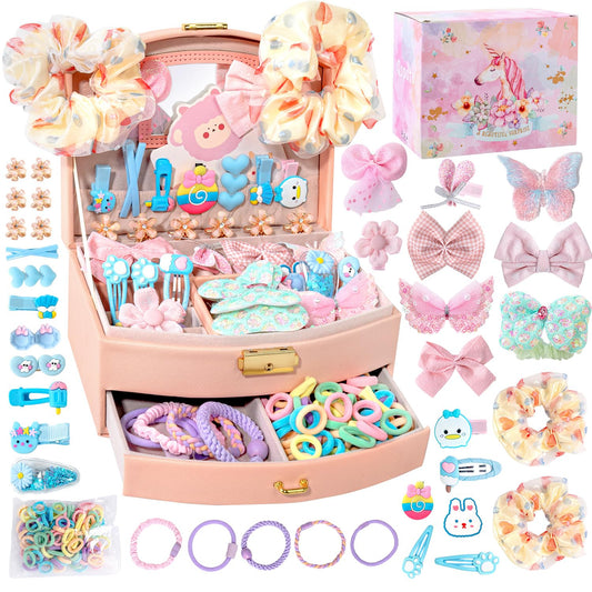 Qopoto hair accessories kit in pink case front organizes little girl's gear