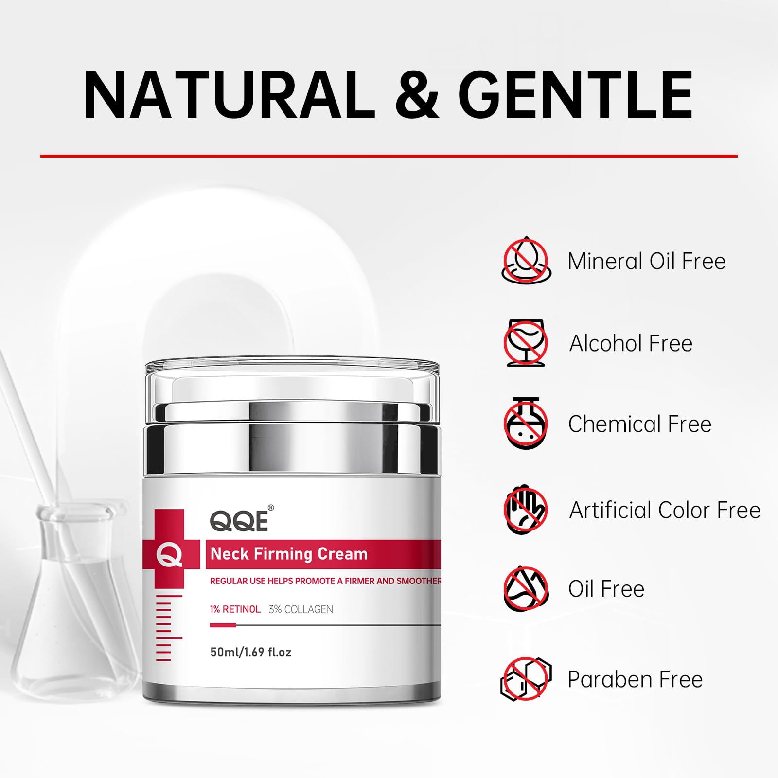 QQE Neck Cream with retinol, collagen, and hyaluronic acid ingredients.
