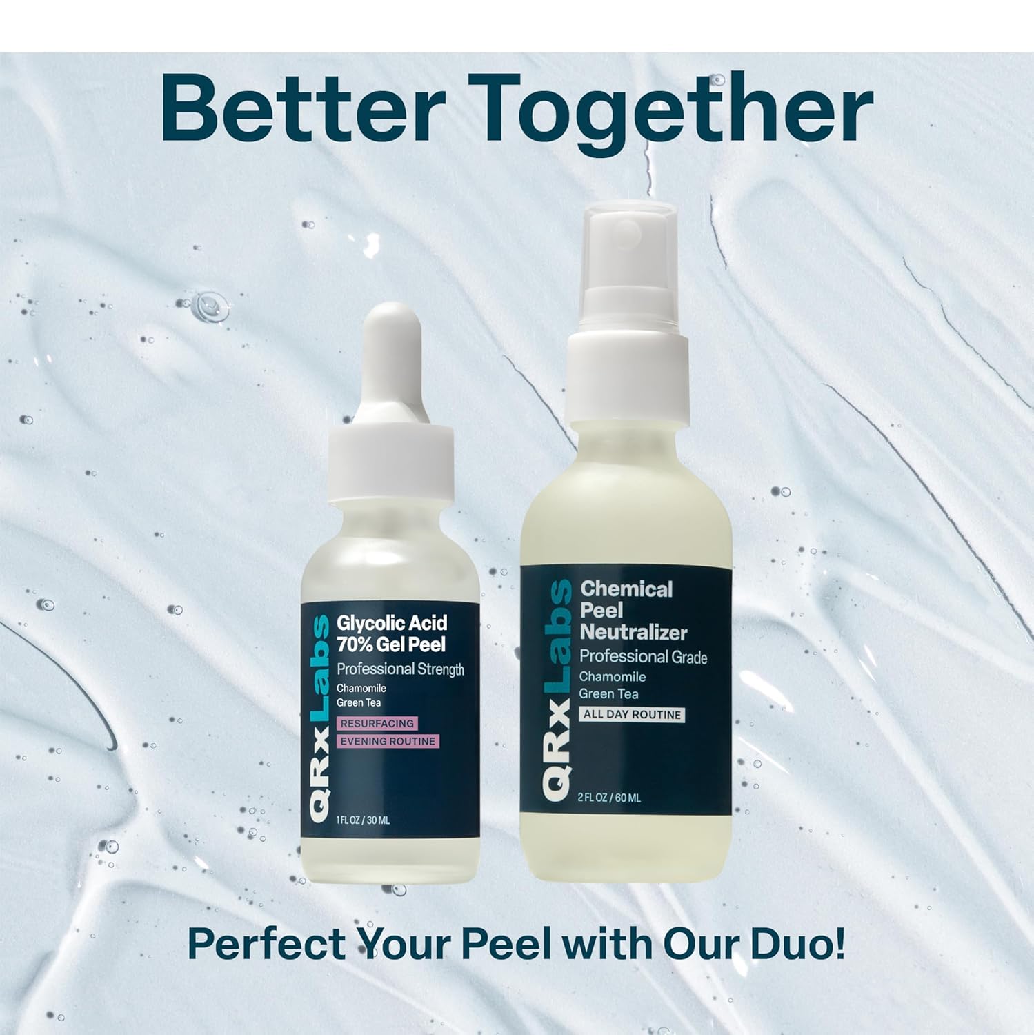 QRxLabs glycolic peel set packaging with two bottle sizes