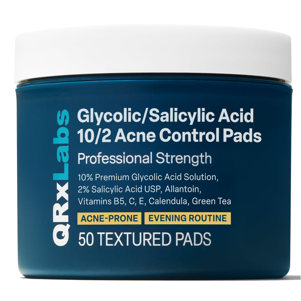 QRxLabs pads label close-up showing 2% salicylic and 10% glycolic acids for exfoliation.