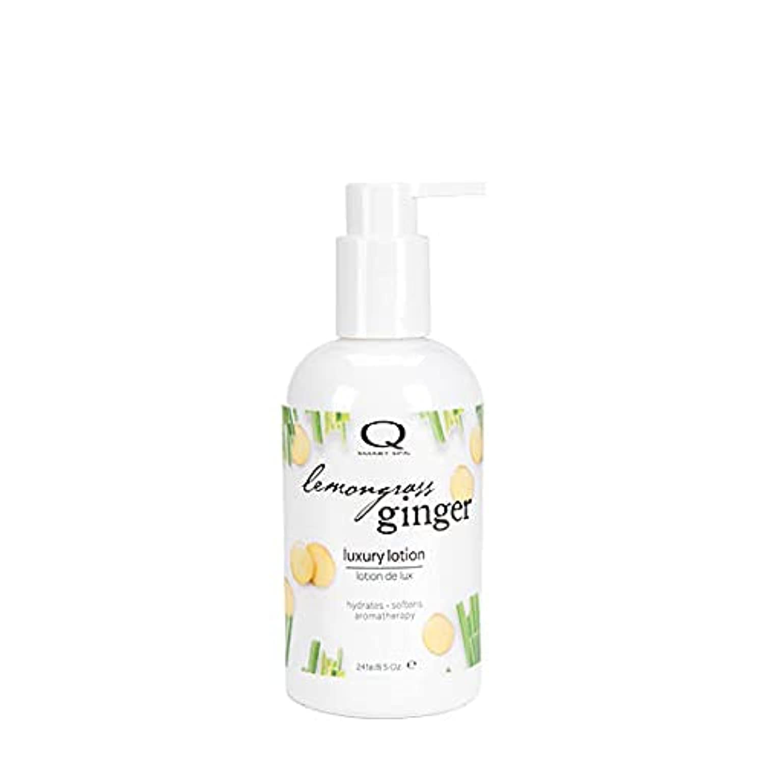 QTICA Luxury Lotion Smart Spa bottle with lemongrass ginger scent for refreshing hydration.