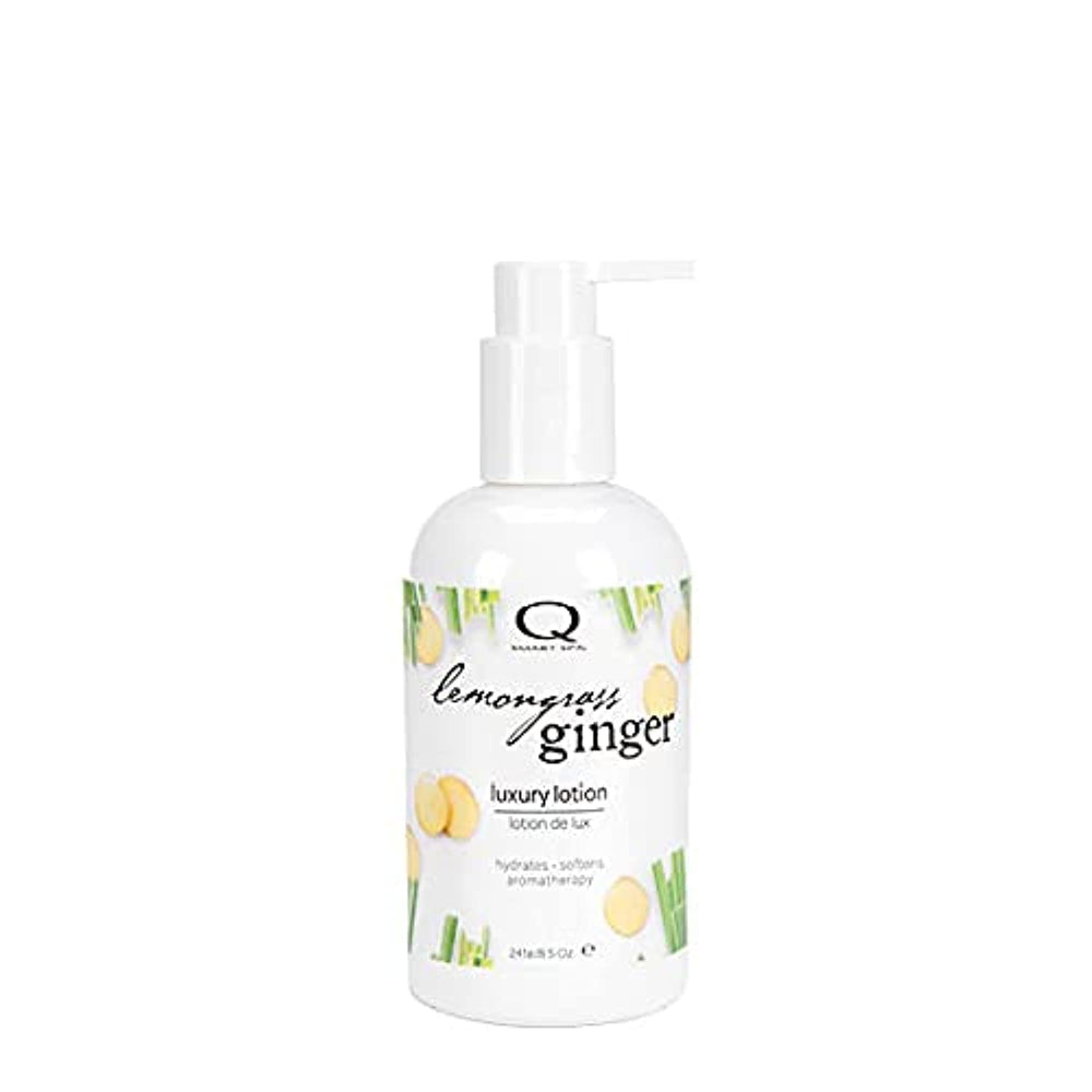 QTICA Luxury Lotion Smart Spa bottle with lemongrass ginger scent for refreshing hydration.