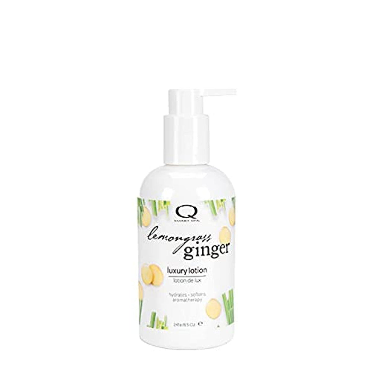 QTICA Luxury Lotion Smart Spa bottle with lemongrass ginger scent for refreshing hydration.