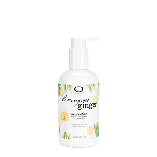 QTICA Luxury Lotion Smart Spa bottle with lemongrass ginger scent for refreshing hydration.