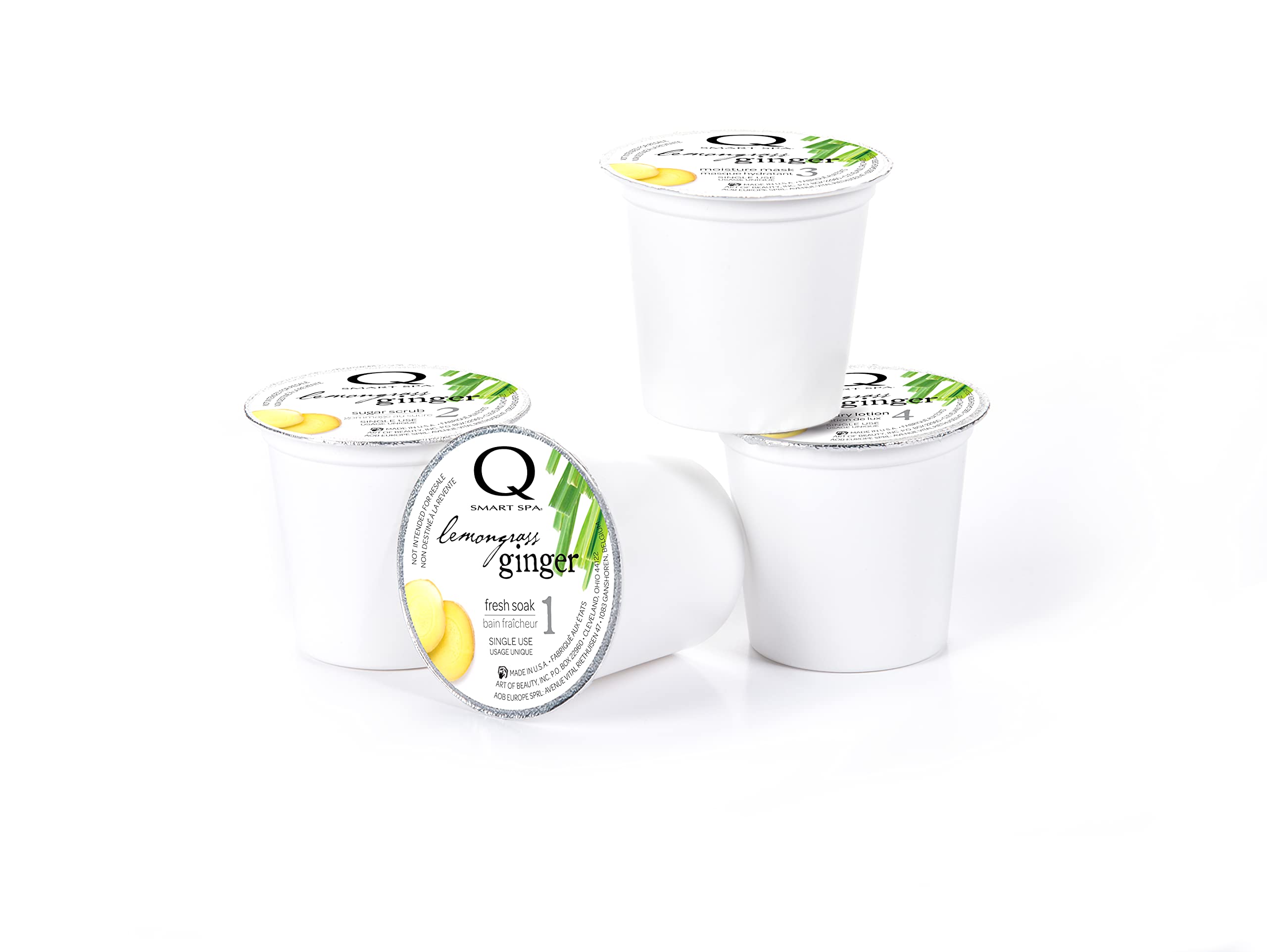 QTICA SmartPods for Fresh Soak and Sugar Scrub demonstrating controlled portions in a spa setting.