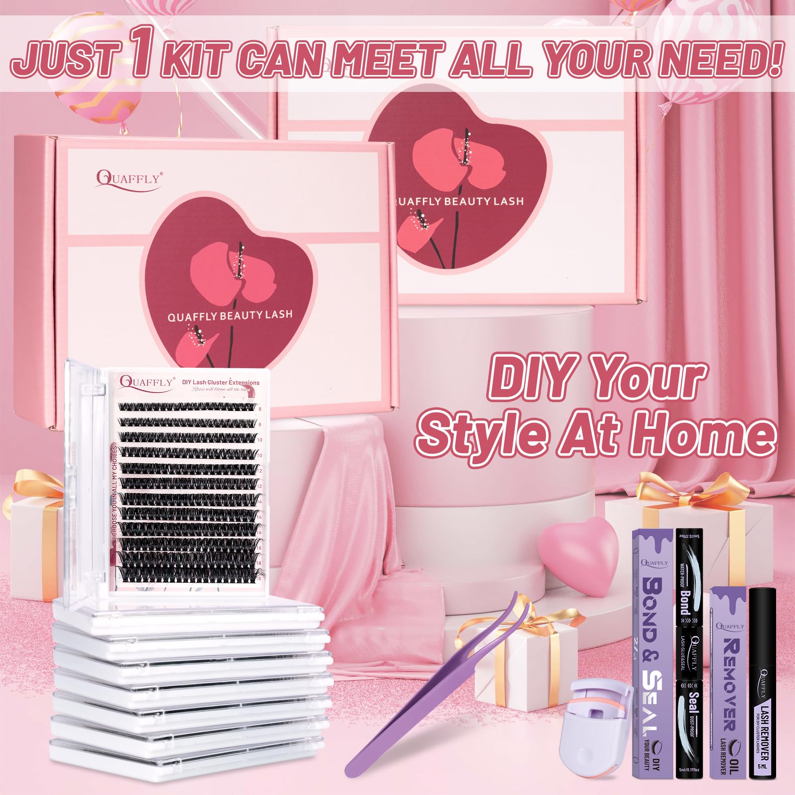 QUAFFLY premium lash palettes shown for professional-quality DIY extensions.