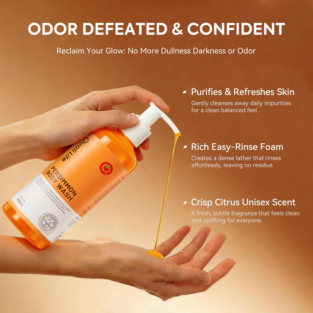 Close-up of QualiLife Persimmon bottle emphasizing natural odor-neutralizing formula.