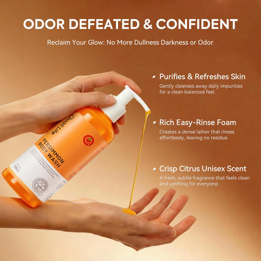 Close-up of QualiLife Persimmon bottle emphasizing natural odor-neutralizing formula.