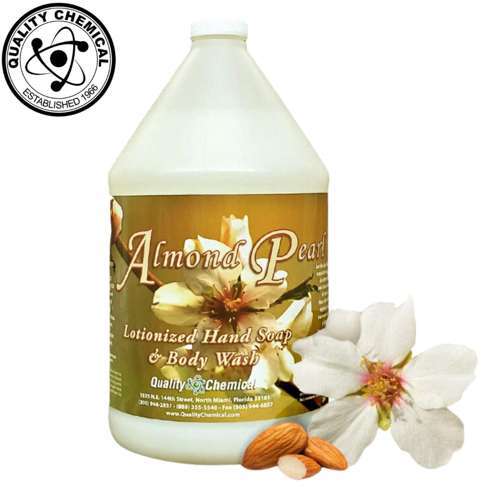 Hands lather with Quality Chemical Almond Pearl hand soap for soft, clean skin.