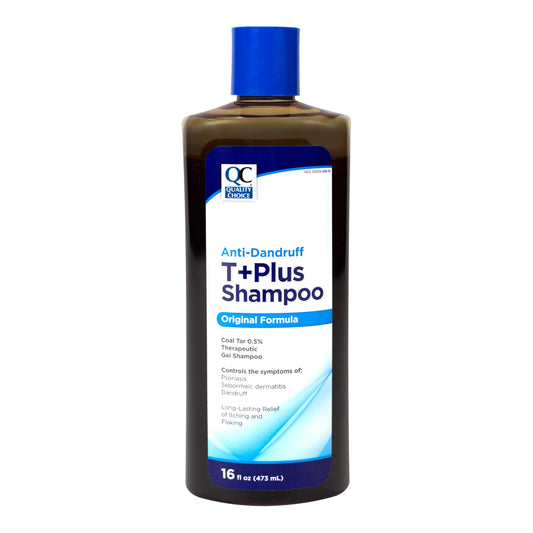 Quality Choice Therapeutic T+Plus coal tar gel bottle for lasting anti-dandruff relief.