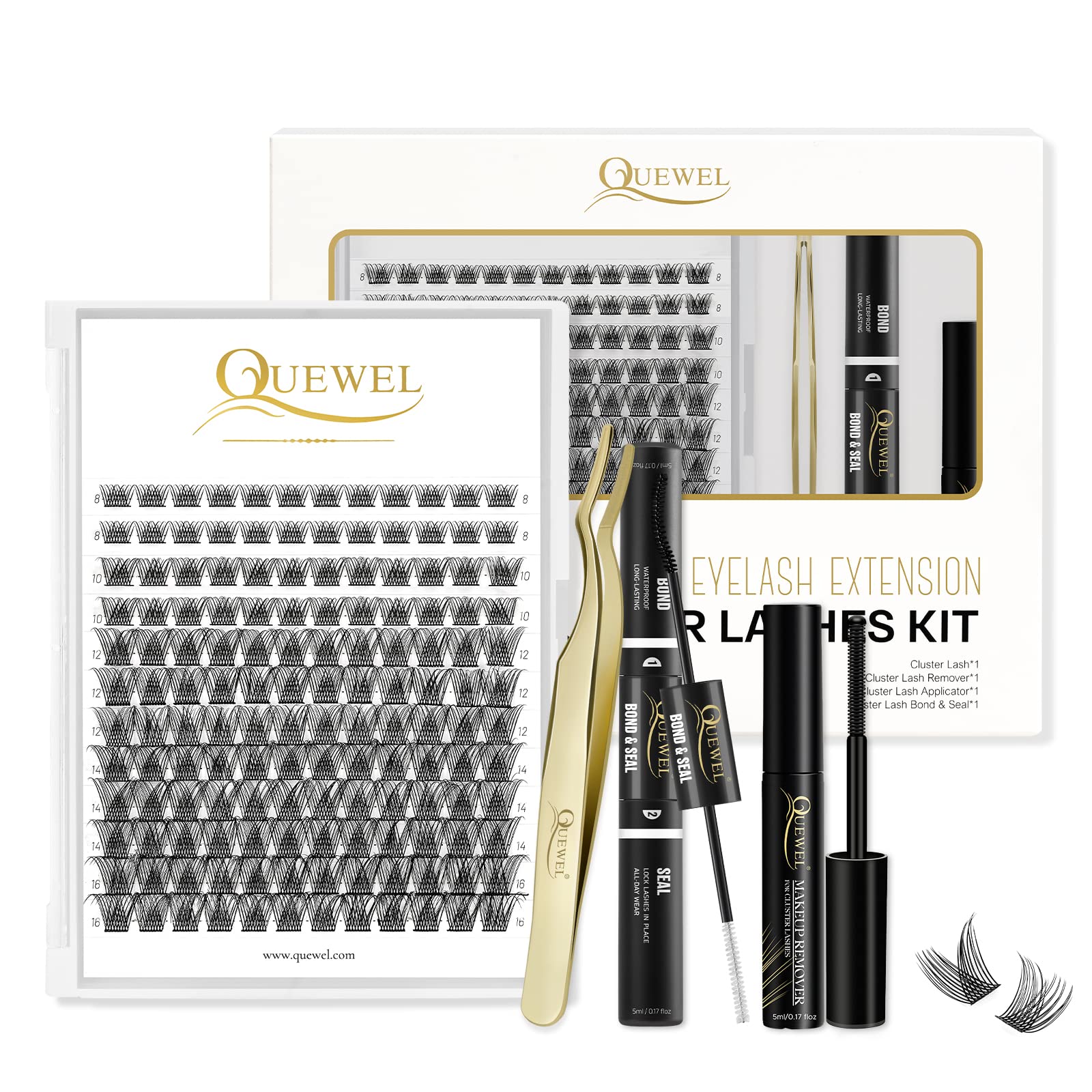 QUEWEL DIY eyelash extensions kit with 144 clusters for customizable looks.