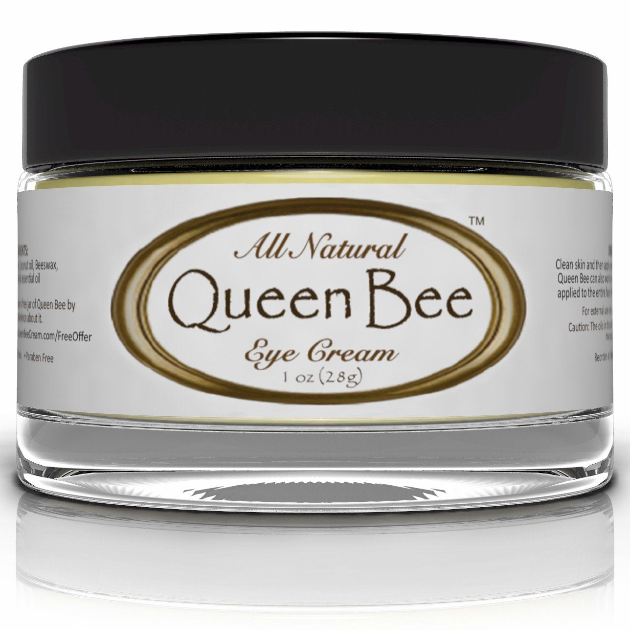 Queen Bee Organic Under Eye Cream jar highlighting all-natural formula.