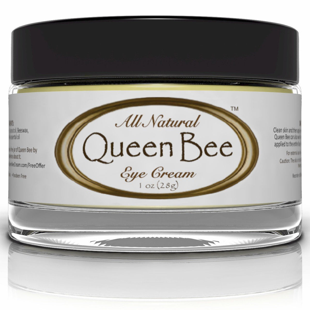 Queen Bee Organic Under Eye Cream jar highlighting all-natural formula.