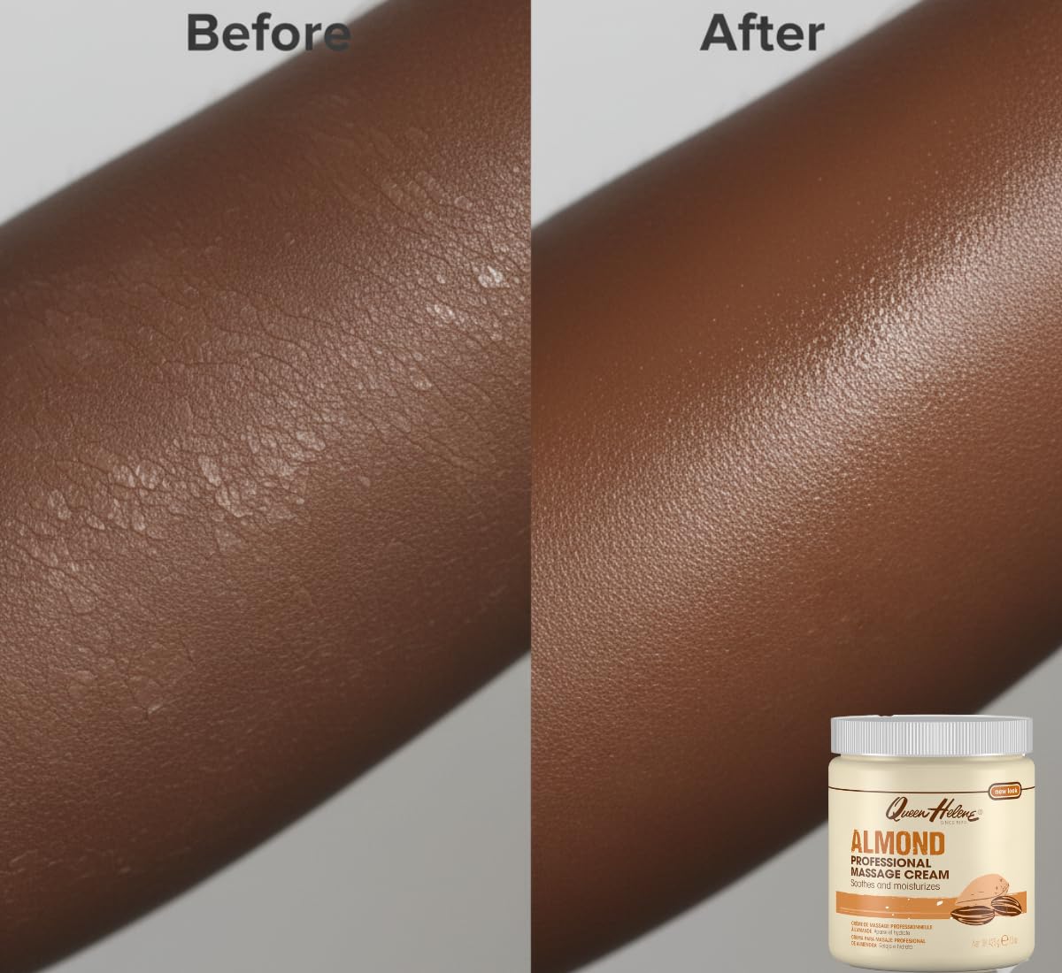 Queen Helene almond massage cream closeup texture highlights silky slip for professional sessions.