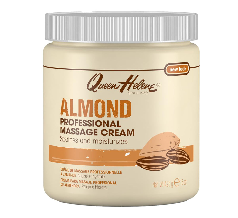 Queen Helene Almond Professional Massage Cream jar shows rich conditioning for smooth glide.