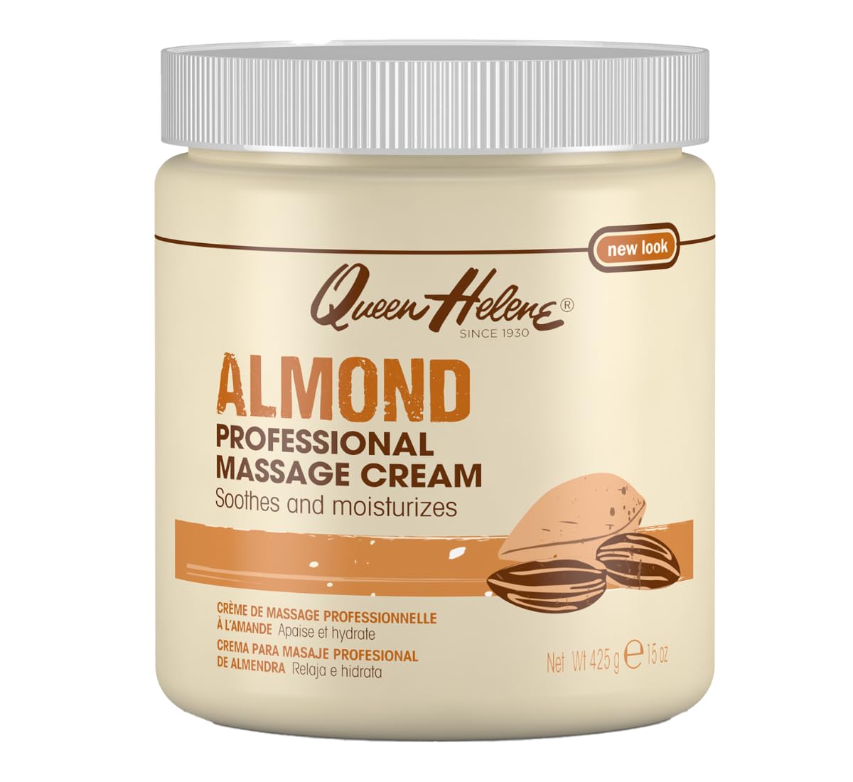 Queen Helene Almond Professional Massage Cream jar shows rich conditioning for smooth glide.