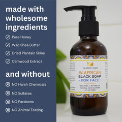 Queen Jaja Black Soap bottle angled view suggests gentle daily use.