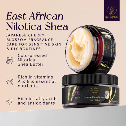 Queen of Shea cherry blossom butter bottle pour for easy daily hydration