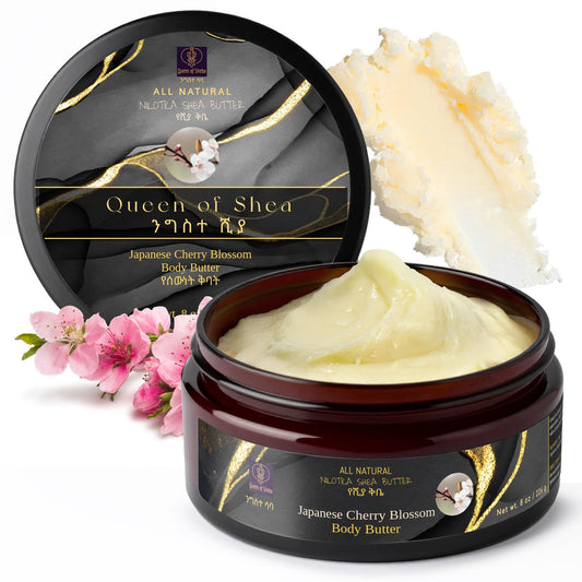 Queen of Shea cherry blossom butter jar showing rich moisture for skin