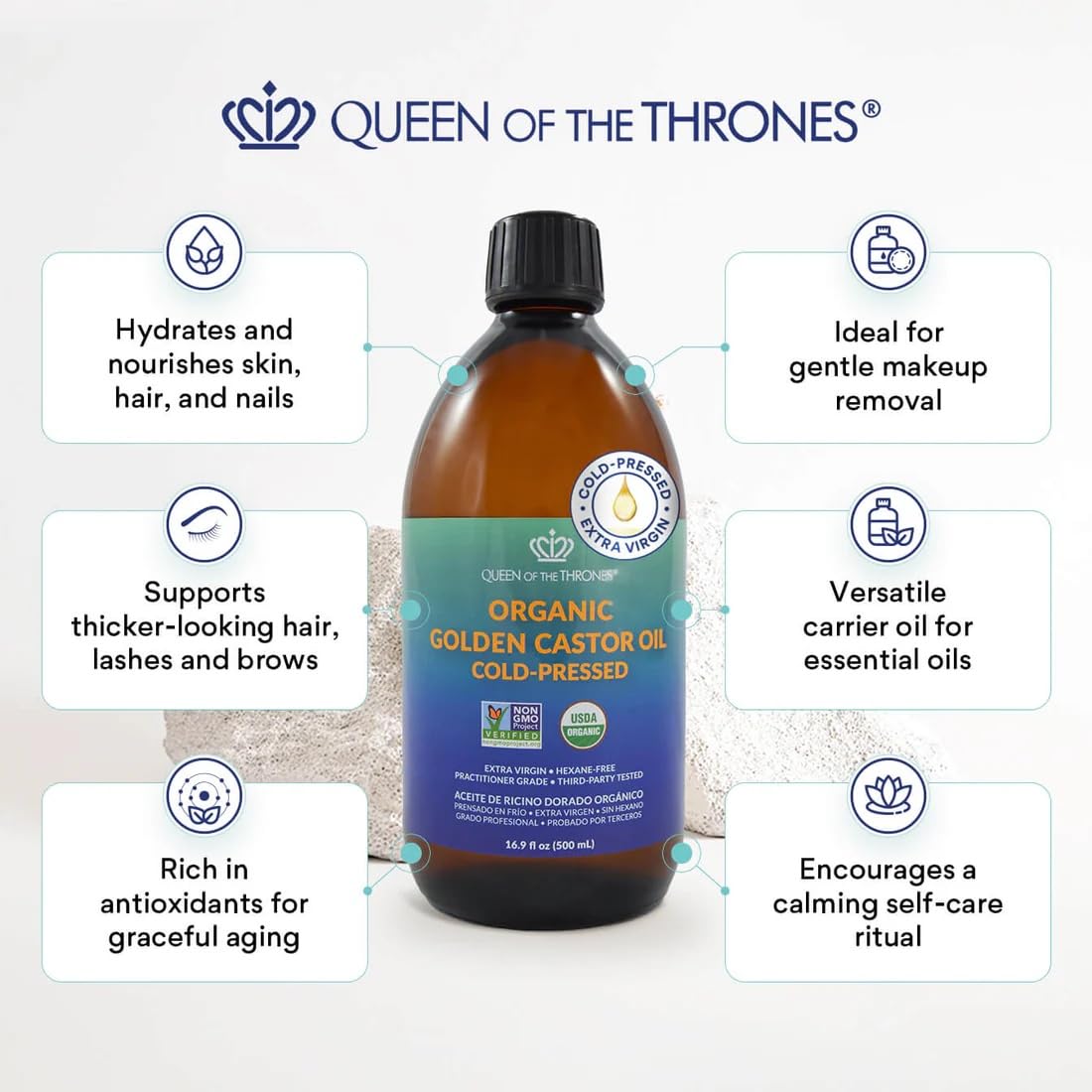 QUEEN OF THE THRONES Amber glass castor oil bottle protects purity and prevents contaminants.