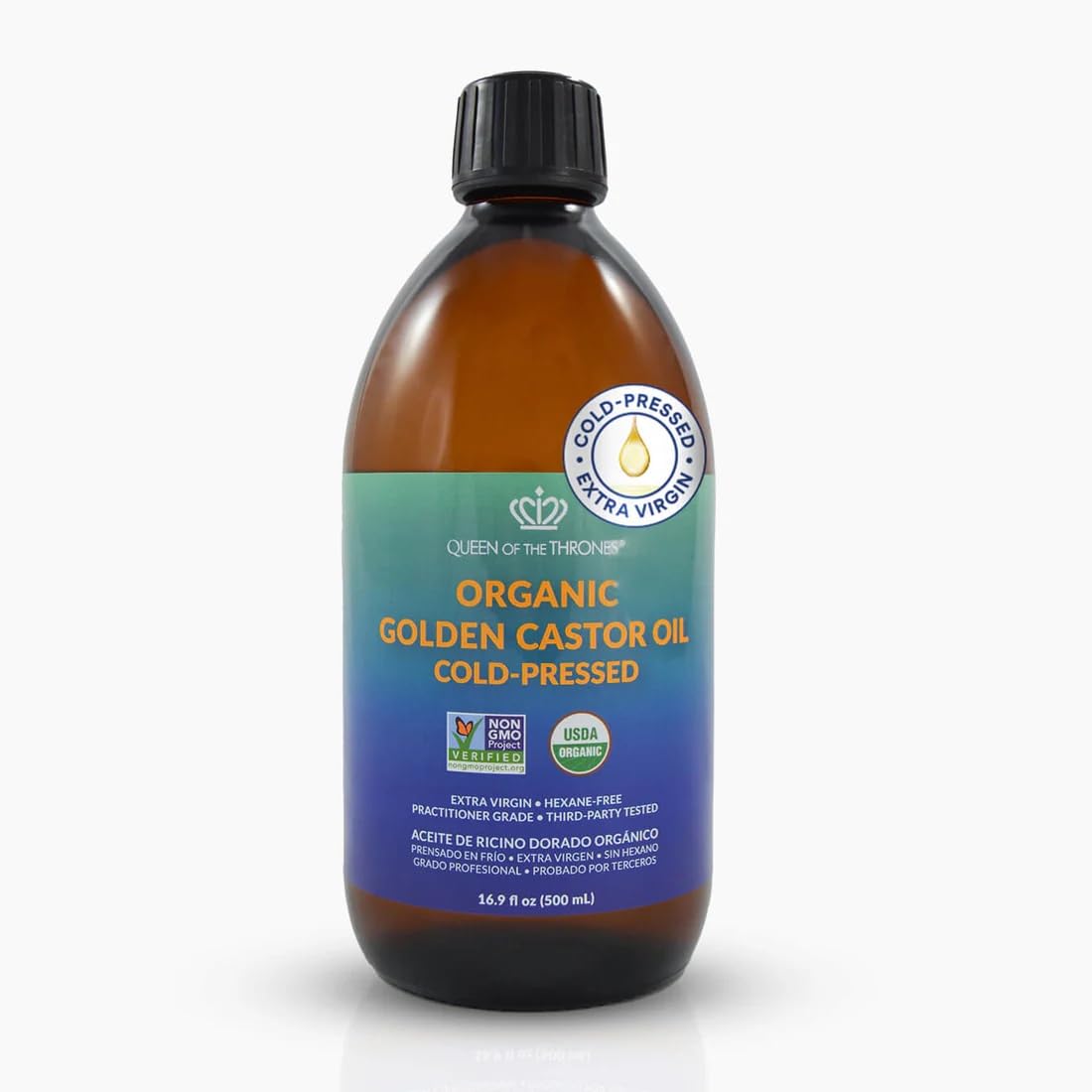 QUEEN OF THE THRONES Organic Golden Castor Oil bottle for hair nourishment and skin hydration.