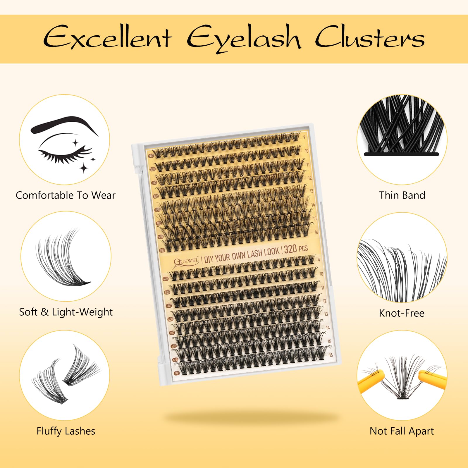 QUEWEL 30D+40D lash clusters in varied lengths for natural to wispy looks.