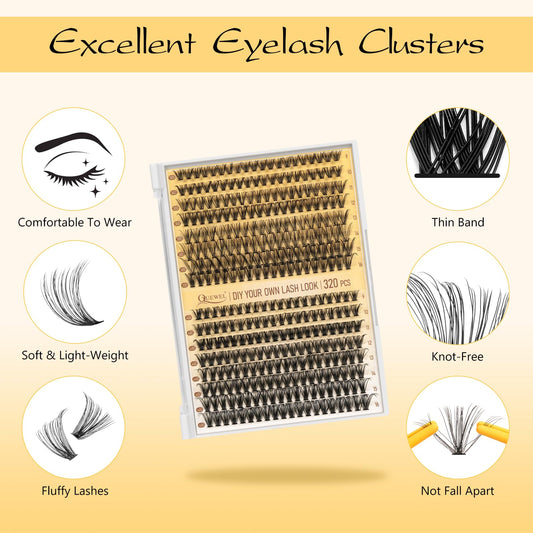 QUEWEL 30D+40D lash clusters in varied lengths for natural to wispy looks.