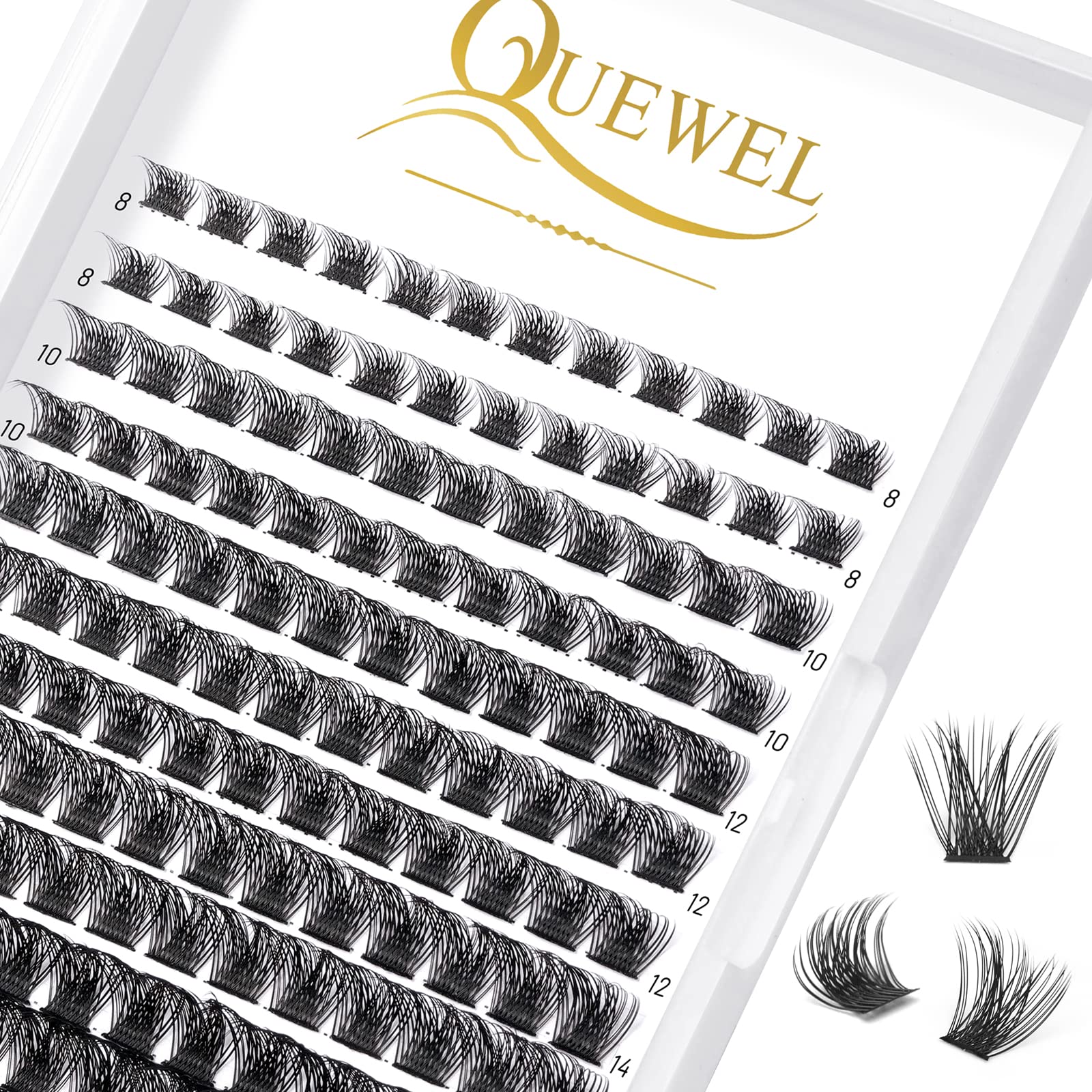QUEWEL cluster lashes with mixed lengths 8-16mm for flexible DIY looks.