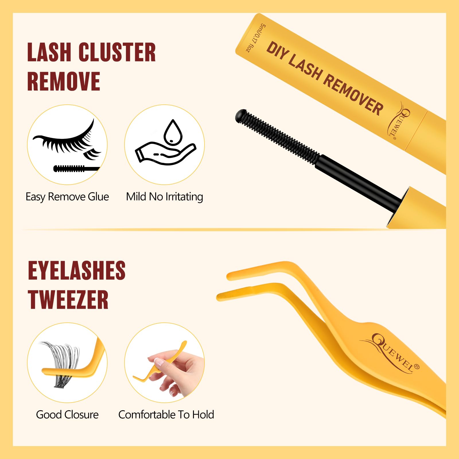 QUEWEL lash clusters and remover included for convenient home maintenance.