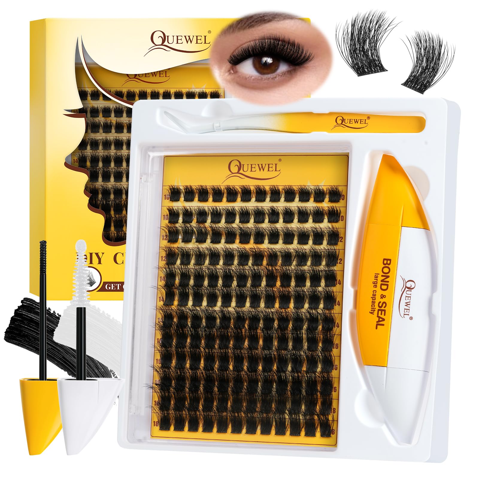 QUEWEL DIY lash extension kit with 144 clusters for at-home customization.