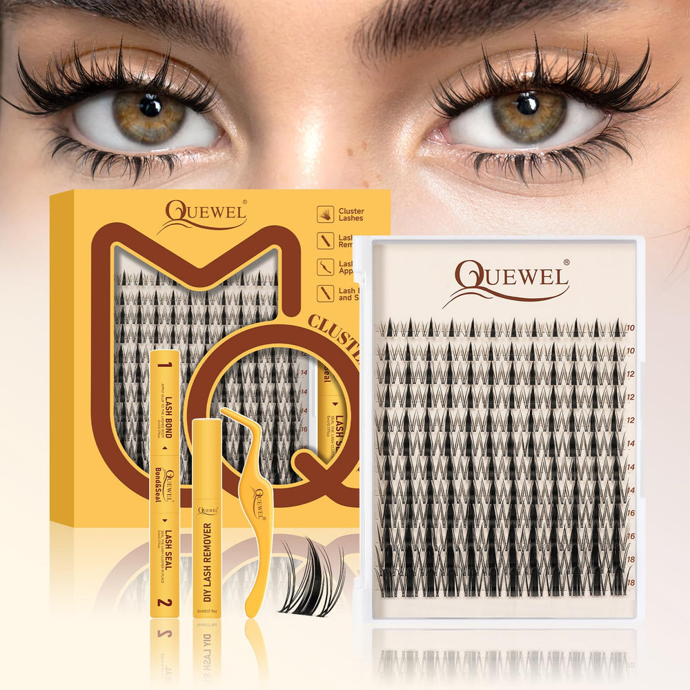 QUEWEL Fairy-Lash-Clusters Kit close-up showing 144pcs for versatile DIY styles.