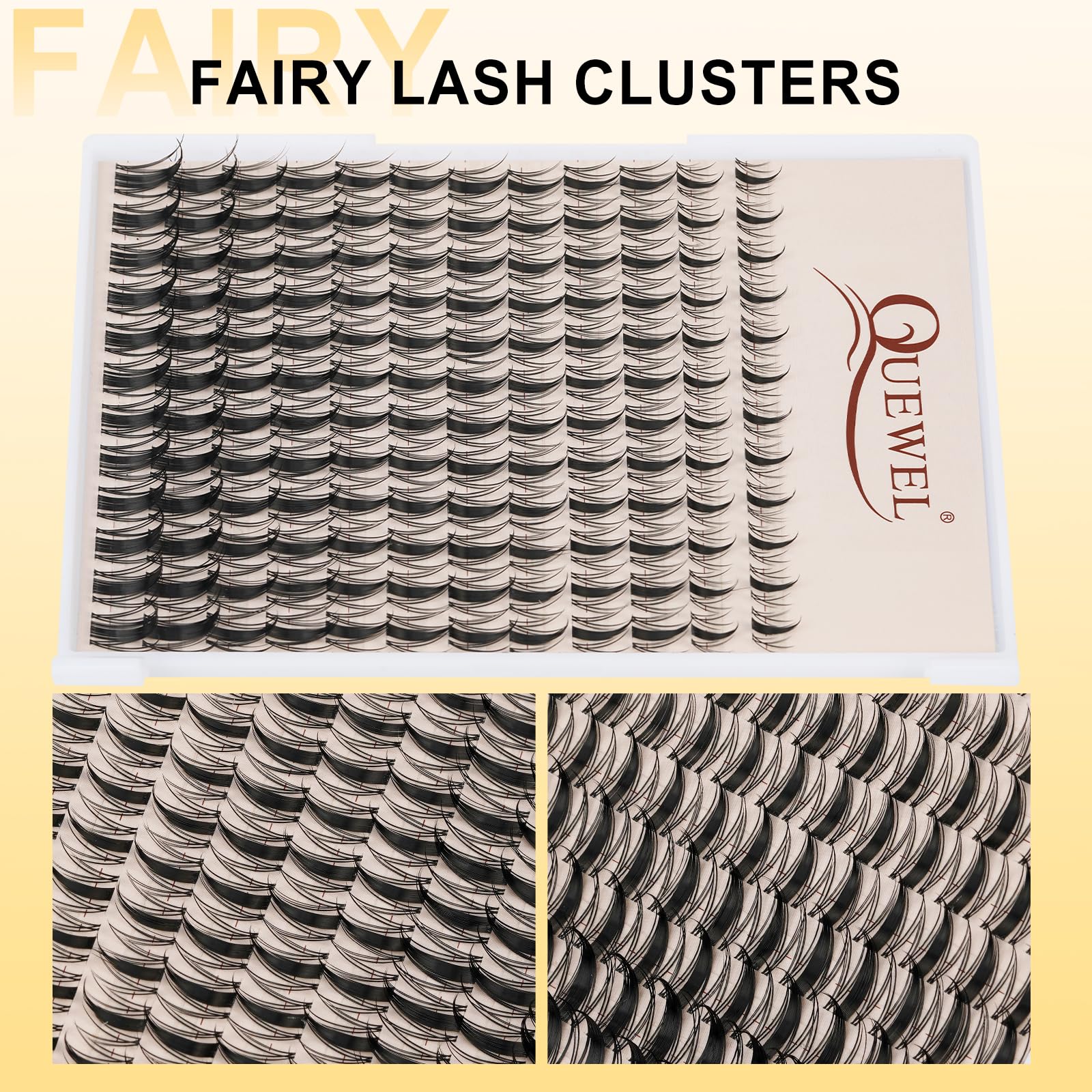 QUEWEL mid-cluster longer lashes create a balanced cat-eye.