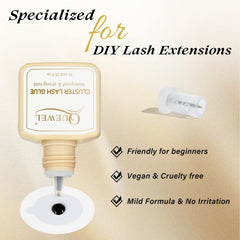 QUEWEL Lash Clusters Glue bottle closeup highlights matte black bottle.