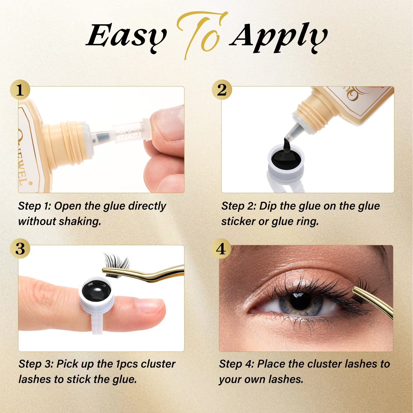 QUEWEL Lash Clusters Glue long-lasting hold during showers and workouts.