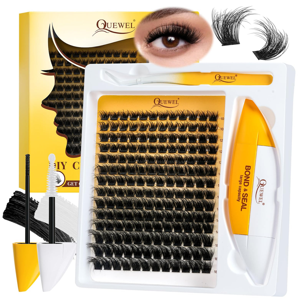 QUEWEL Lash Clusters Kit with 168 natural lashes for versatile looks and 3D volume.