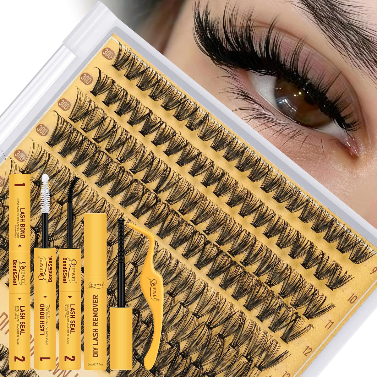 QUEWEL Lash Clusters Kit box opened, showcasing 320 lashes for DIY styling.