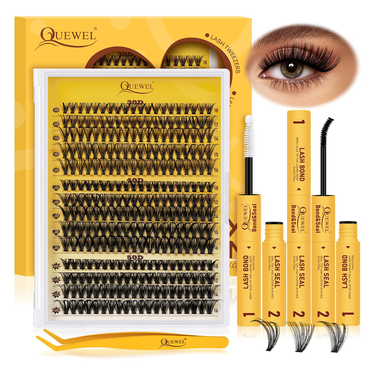 QUEWEL lash clusters kit box showing complete at-home DIY set for lashes.