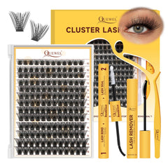 QUEWEL Lash Clusters Kit contents laid out for convenient at-home extension experiments
