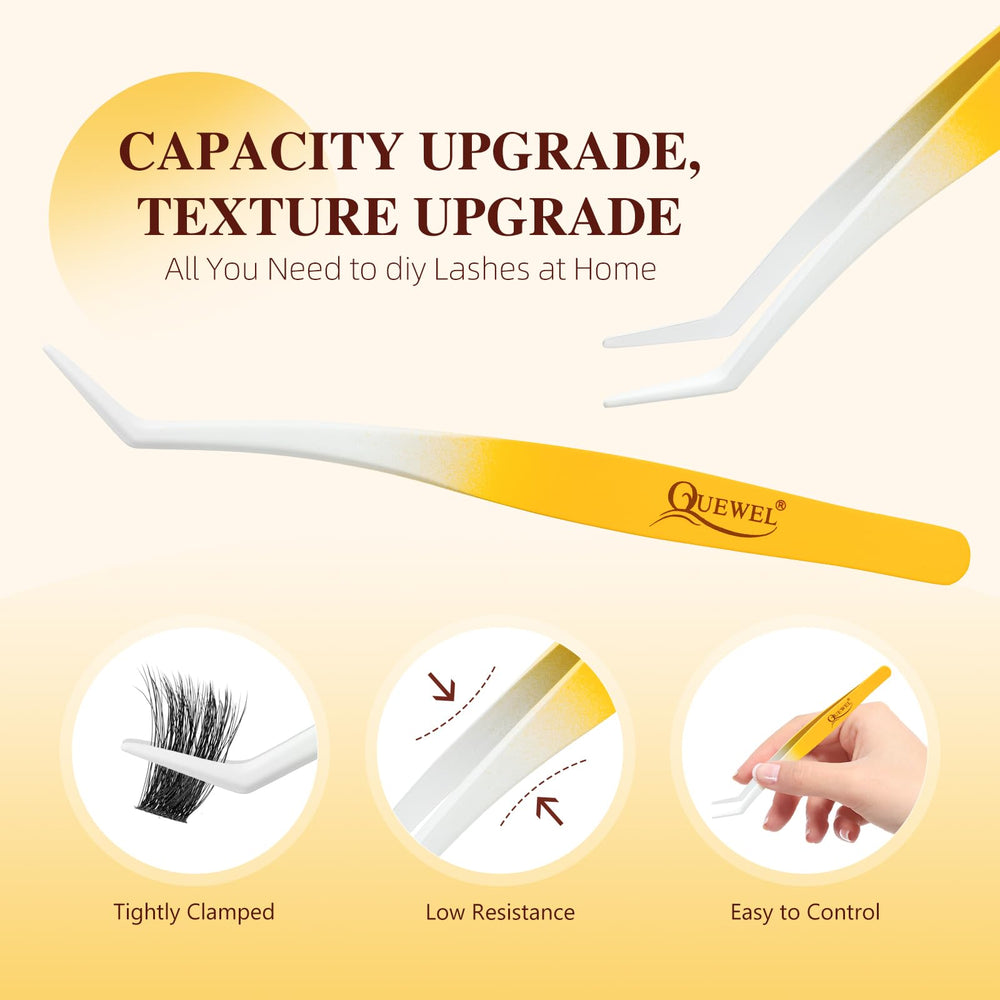 QUEWEL lash tweezers for precise cluster placement during DIY application.